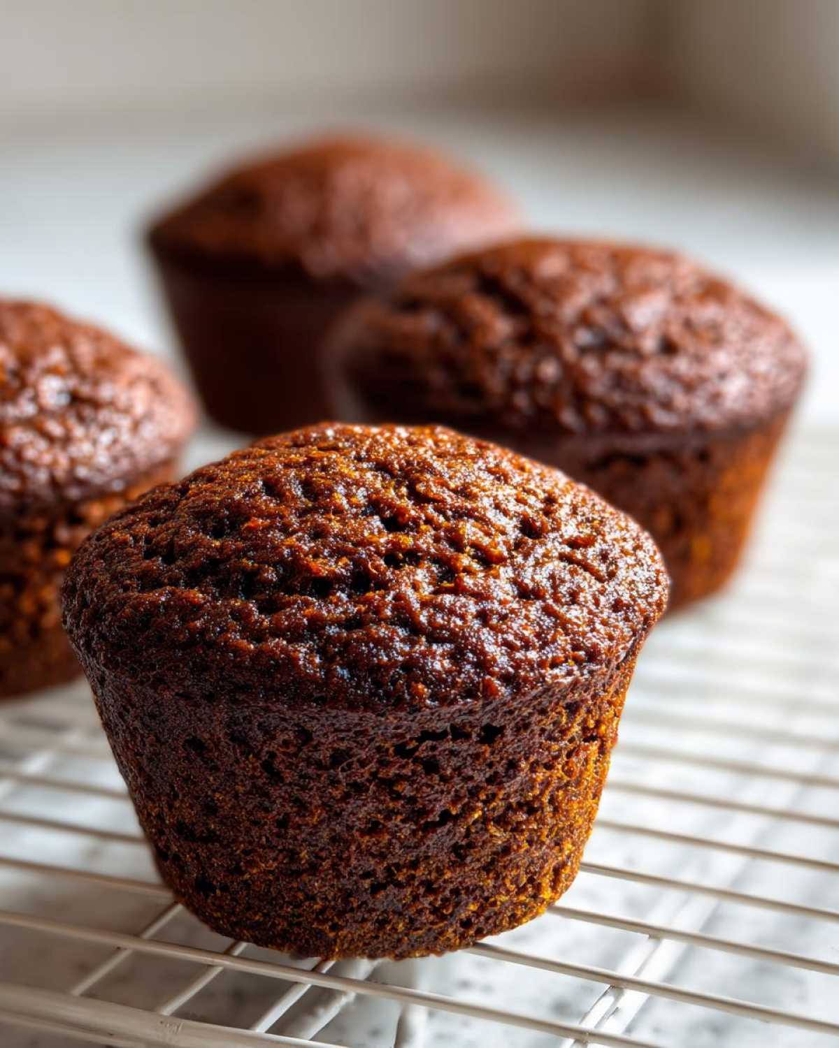 Close-up of a dark, moist bran muffin cooling on a wire rack with three other muffins blurred in the background.
