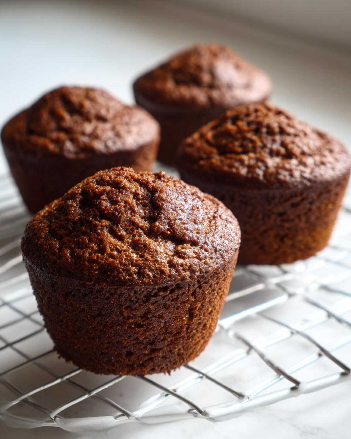 Four freshly baked, dark brown bran muffins cooling on a silver wire rack against a bright background.