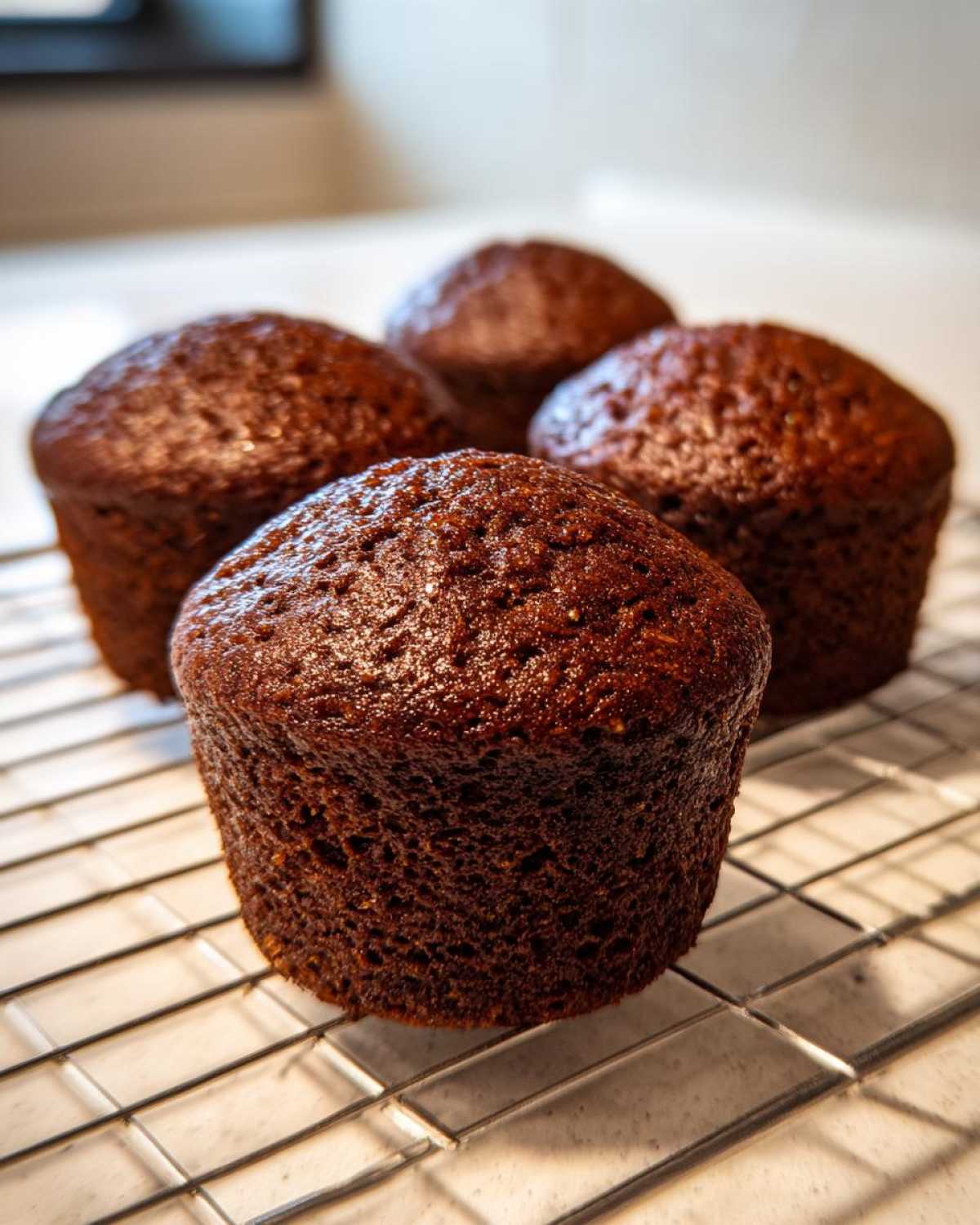 Four dark, moist bran muffins cooling on a wire rack after baking.
