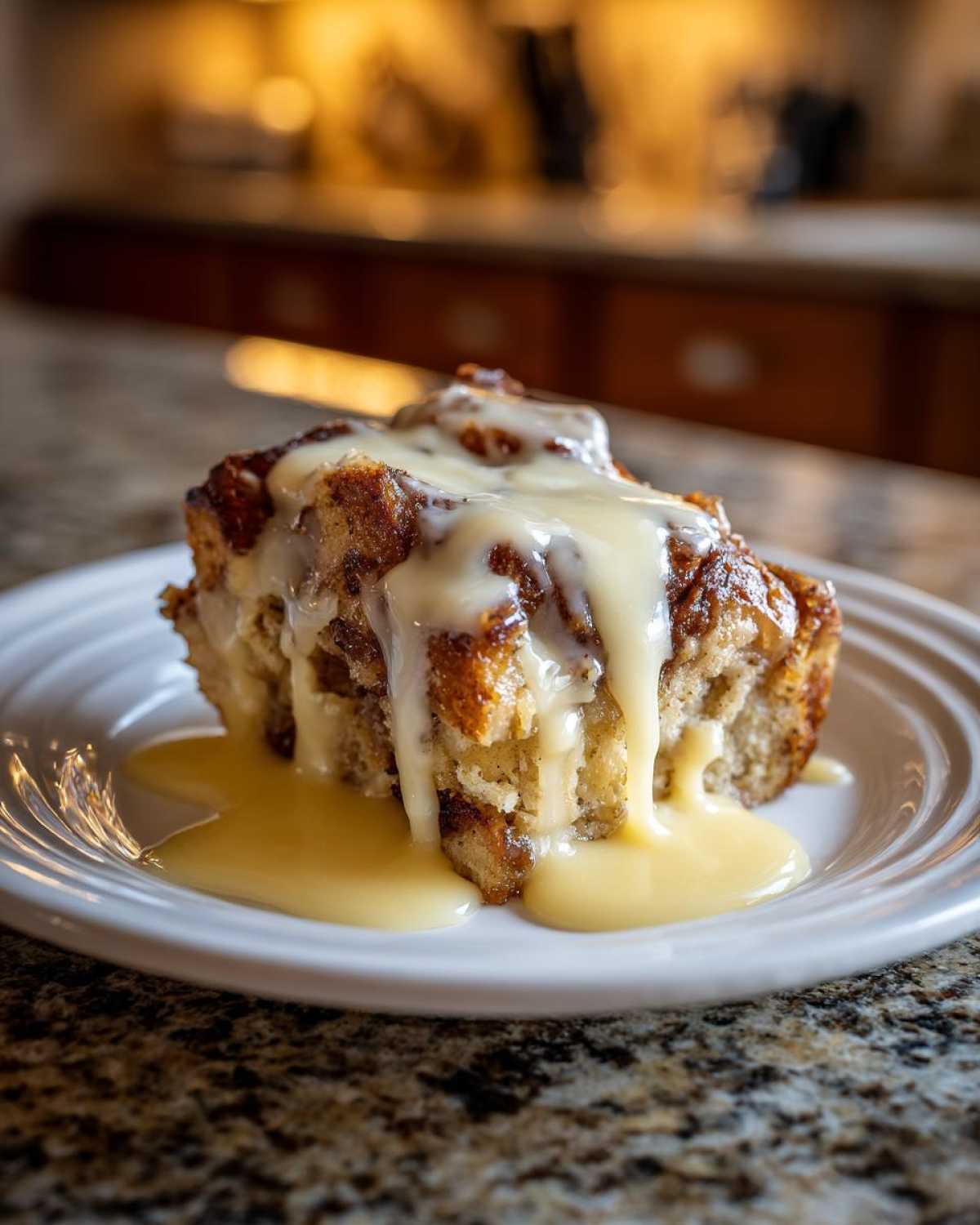 A close-up of a square serving of amazing bread pudding smothered in creamy vanilla sauce.