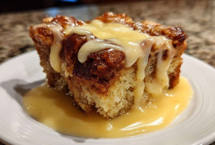 Close-up of a square portion of amazing bread pudding topped with thick vanilla sauce.