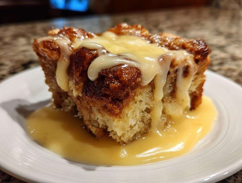 Close-up of a square portion of amazing bread pudding topped with thick vanilla sauce.