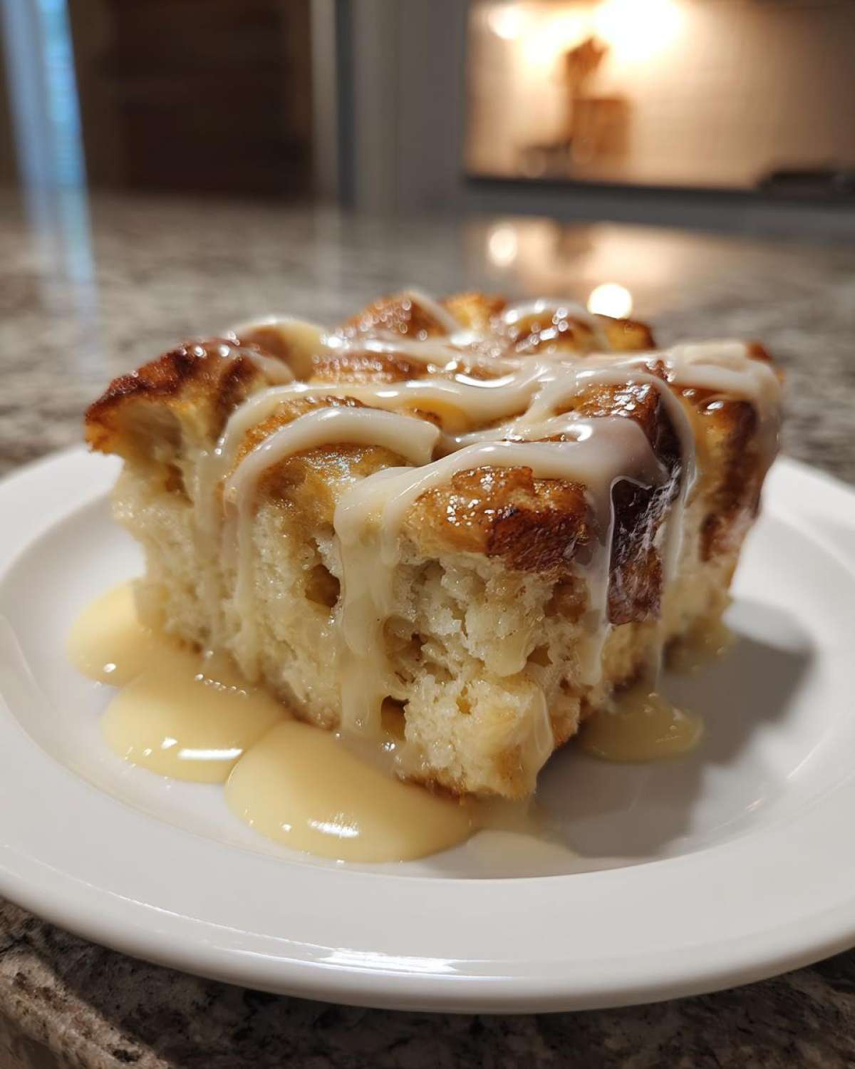 Close-up of a square portion of amazing bread pudding drizzled with vanilla glaze, sitting on a white plate.