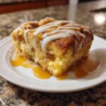 A single, square serving of amazing bread pudding topped with white icing drizzle and caramel sauce.