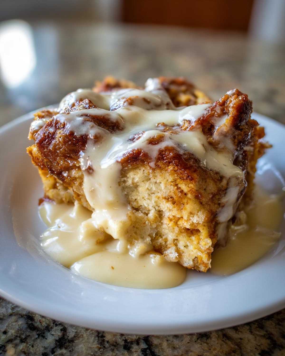 Close-up of a rich slice of bread pudding generously topped with creamy vanilla sauce.