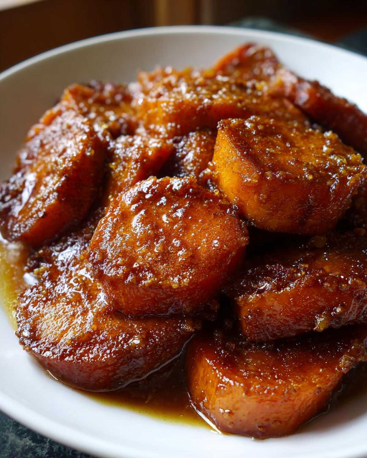 Close-up of thick-cut candied sweet potatoes covered in a rich, glossy brown sugar glaze.