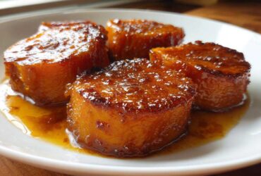 Four thick slices of glistening candied sweet potatoes covered in a rich, amber glaze served on a white plate.