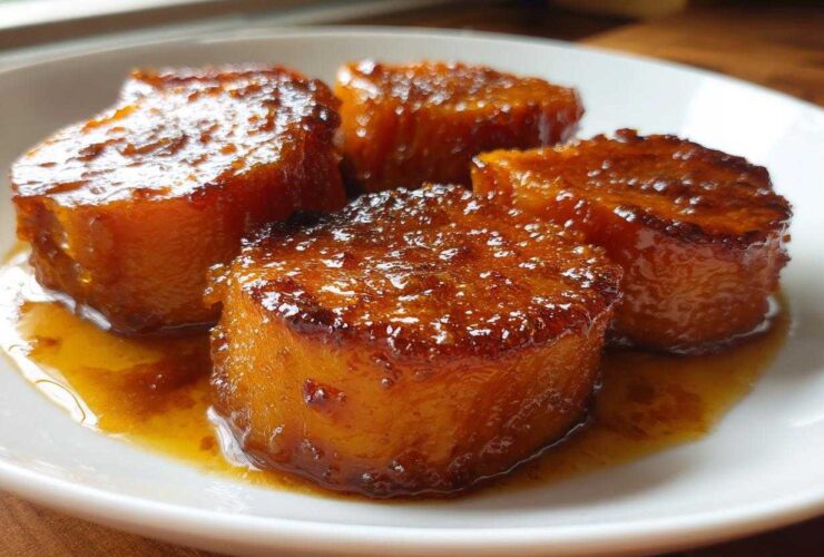 Four thick slices of glistening candied sweet potatoes covered in a rich, amber glaze served on a white plate.