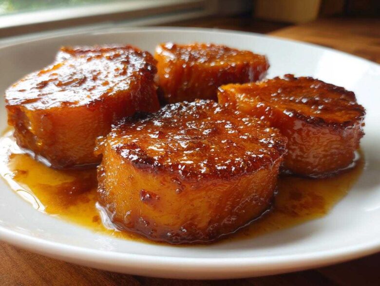 Four thick slices of glistening candied sweet potatoes covered in a rich, amber glaze served on a white plate.