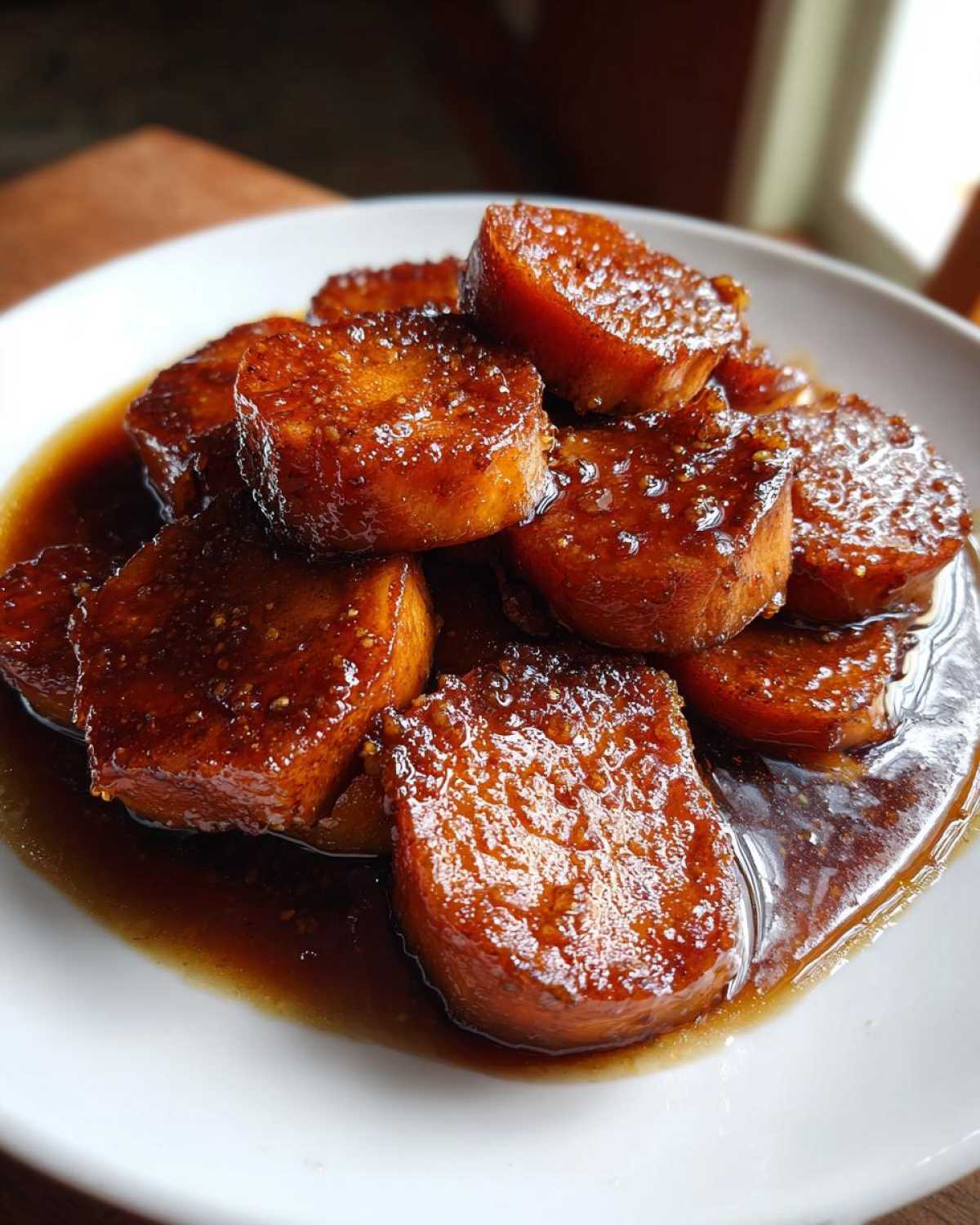 Close-up of thick-cut candied sweet potatoes glistening in a rich, dark brown syrup on a white plate.