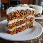 Close-up of a thick slice of amazing carrot cake recipe, showing three layers of spiced cake and cream cheese frosting.