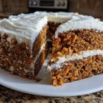 Close-up of a thick slice of moist carrot cake recipe layered with cream cheese frosting and covered in nuts.