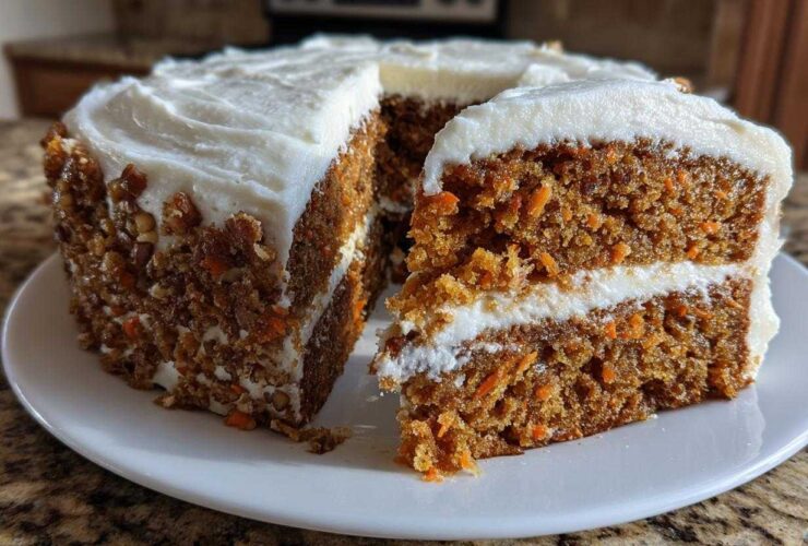 Close-up of a thick slice of moist carrot cake recipe layered with cream cheese frosting and covered in nuts.