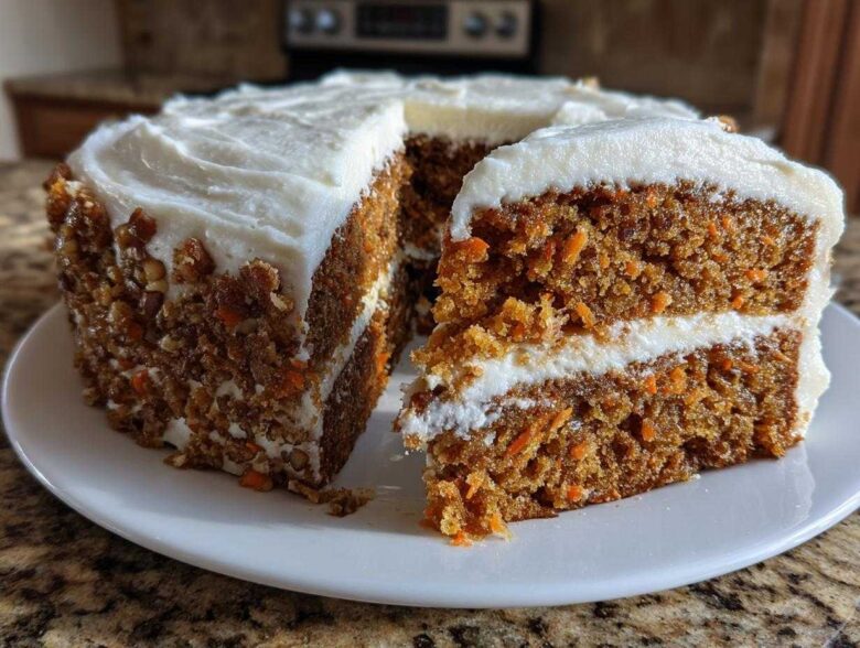 Close-up of a thick slice of moist carrot cake recipe layered with cream cheese frosting and covered in nuts.