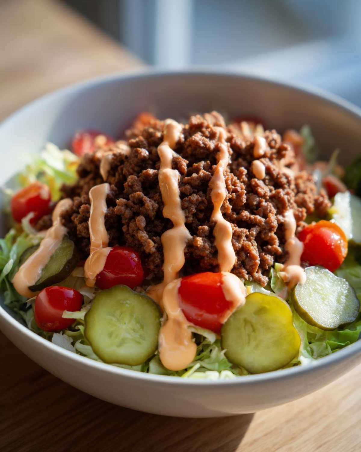 A close-up of a delicious cheeseburger bowl featuring seasoned ground beef, lettuce, pickles, tomatoes, and a special sauce drizzle.