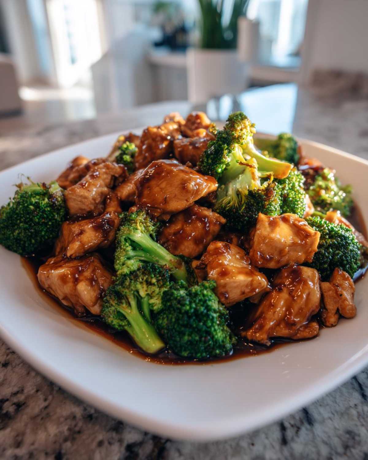 A close-up of a white plate filled with glossy, saucy chicken and broccoli pieces, showcasing the amazing chicken and broccoli dinner.
