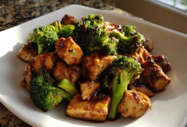 Close-up of a serving of glossy, saucy chicken and broccoli stir-fry on a square white plate.