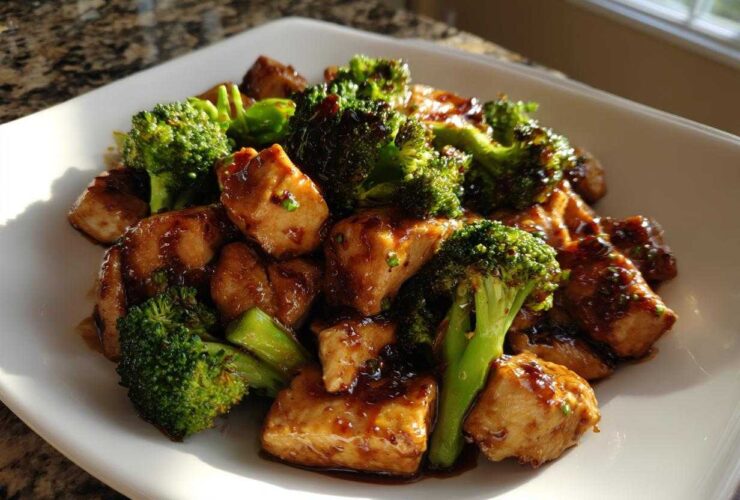 Close-up of a serving of glossy, saucy chicken and broccoli stir-fry on a square white plate.