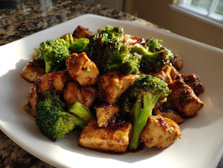 Close-up of a serving of glossy, saucy chicken and broccoli stir-fry on a square white plate.