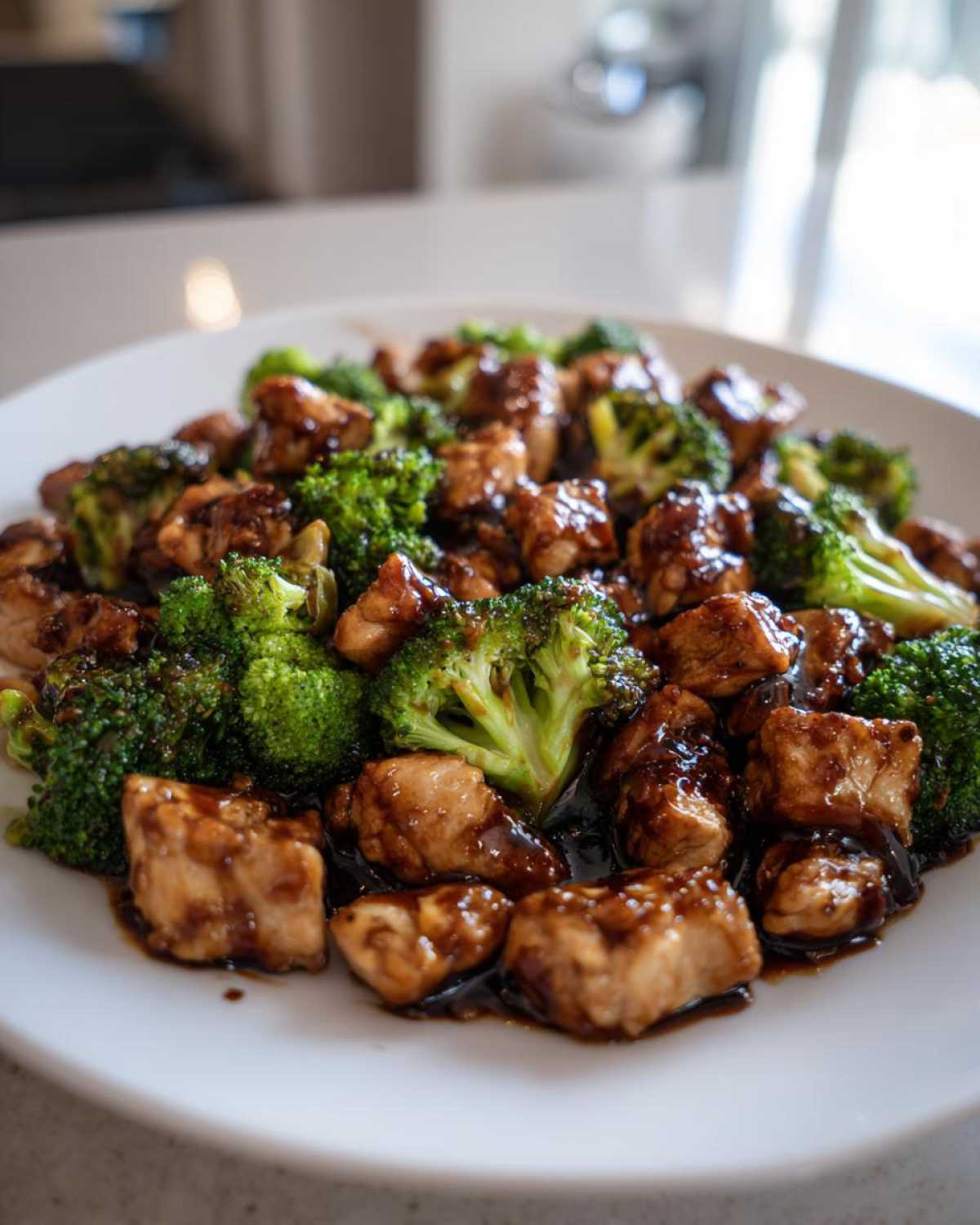 Close-up of a white plate filled with glossy chicken and broccoli coated in a dark sauce.