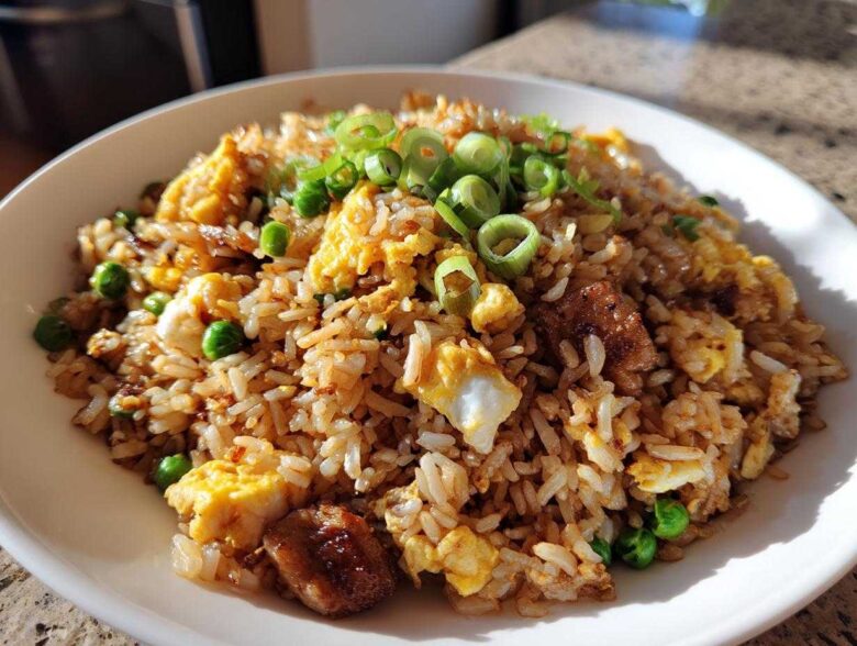 A close-up of a white bowl filled with flavorful chicken fried rice, featuring scrambled egg, peas, and green onion garnish.
