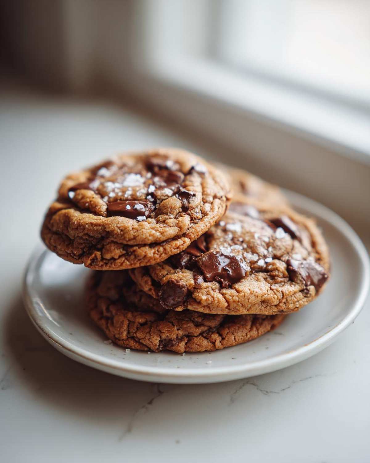 A stack of four gooey chocolate chip cookies topped with flaky sea salt, resting on a small plate.