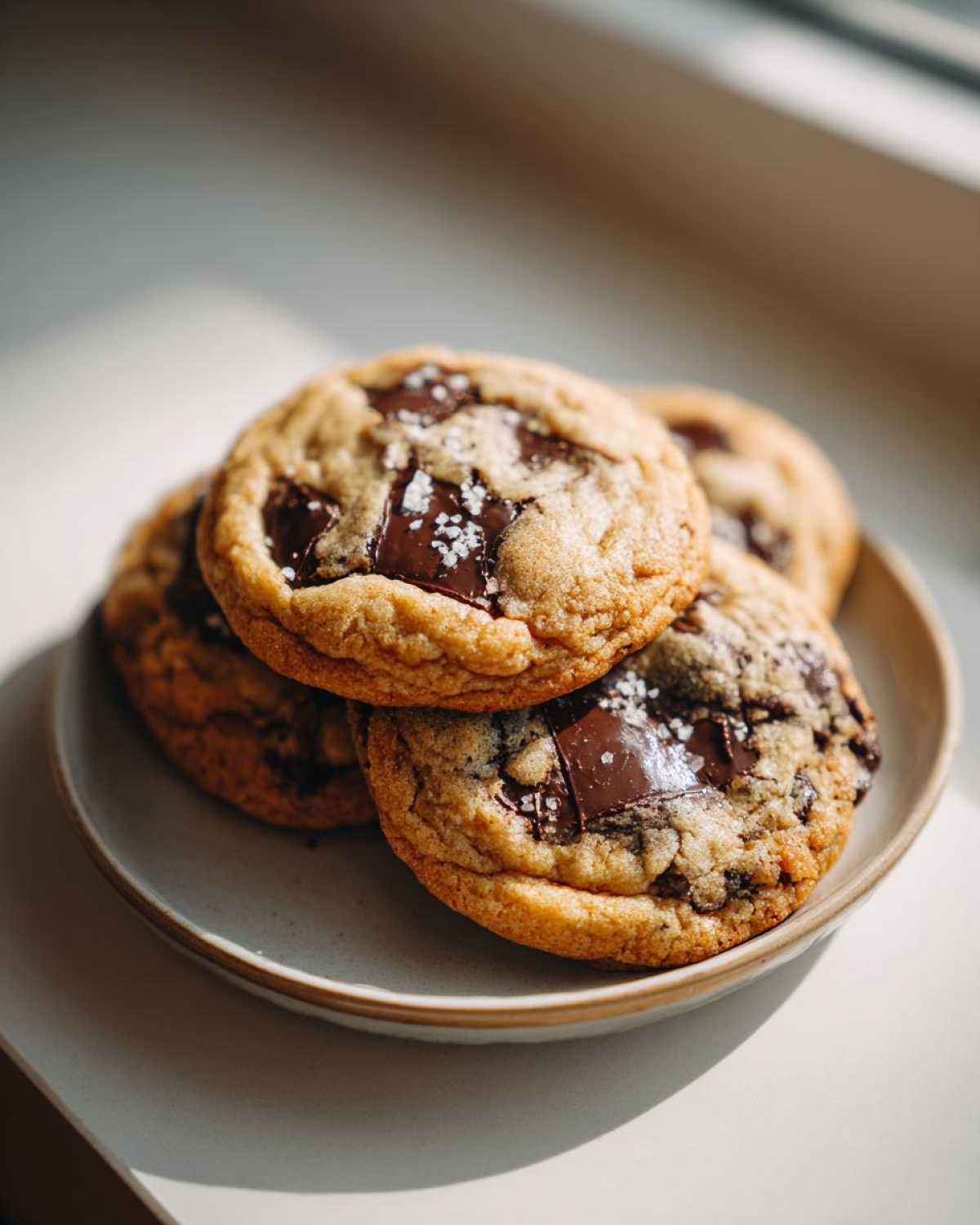 A stack of thick, chewy chocolate chip cookies topped with flaky sea salt, sitting on a small plate.