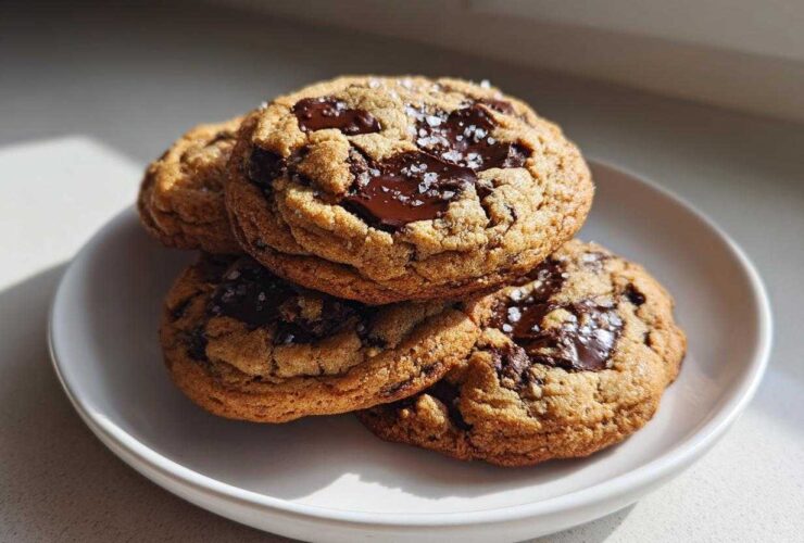A stack of four gooey chocolate chip cookies, topped with melted dark chocolate and flaky sea salt.