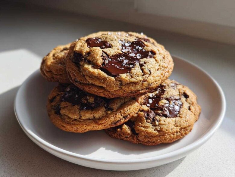 A stack of four gooey chocolate chip cookies, topped with melted dark chocolate and flaky sea salt.
