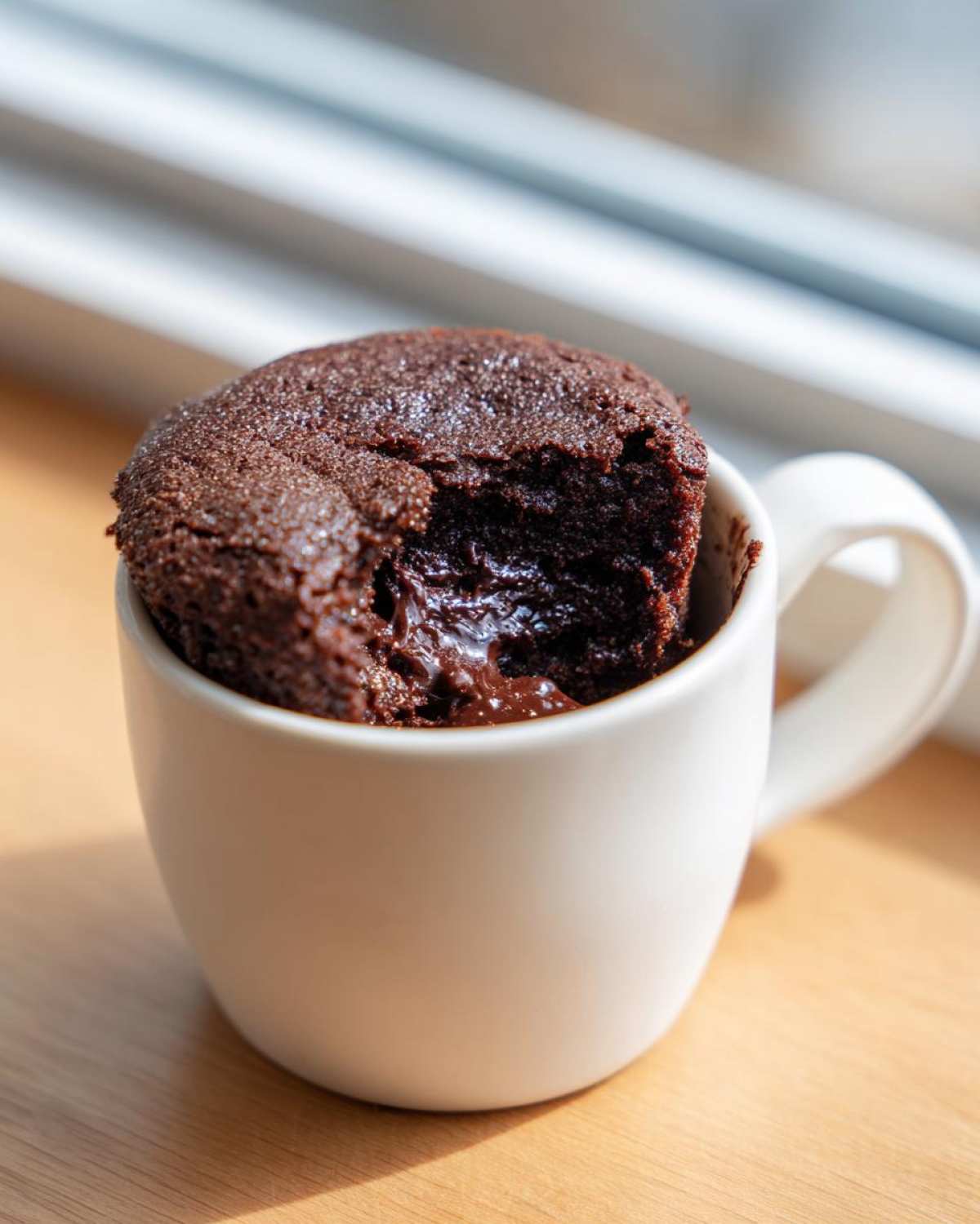 Close-up of a rich, dark chocolate mug cake with a bite taken out revealing a molten center, served in a white mug.
