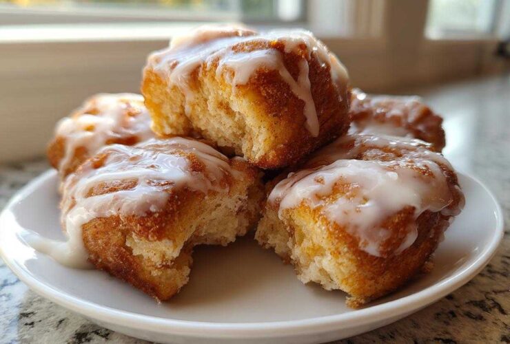 Close-up of gooey, glazed cinnamon roll bites piled on a small white plate, ready to eat.