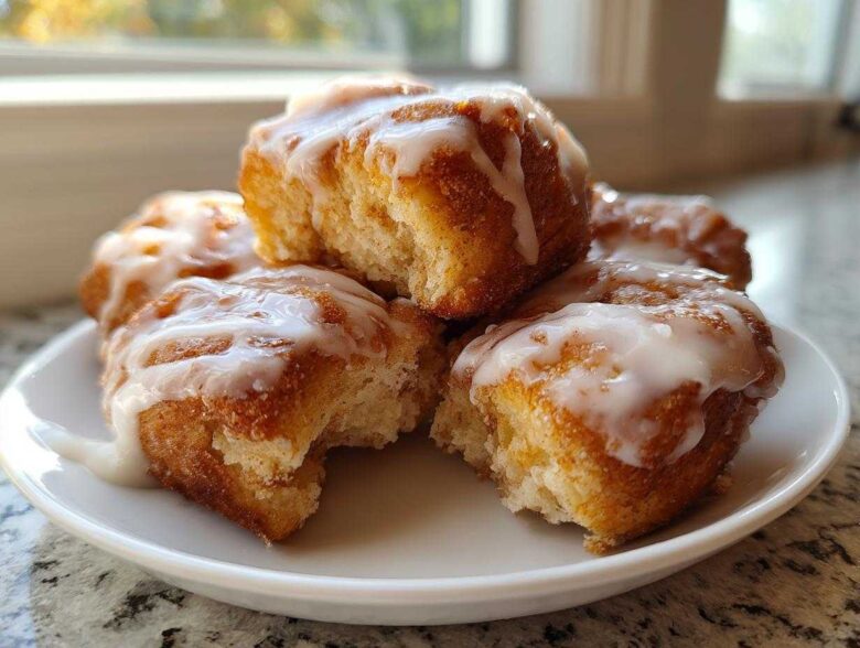 Close-up of gooey, glazed cinnamon roll bites piled on a small white plate, ready to eat.