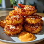 A stack of perfectly golden brown, crispy coconut shrimp served on a plate with a dollop of orange dipping sauce.