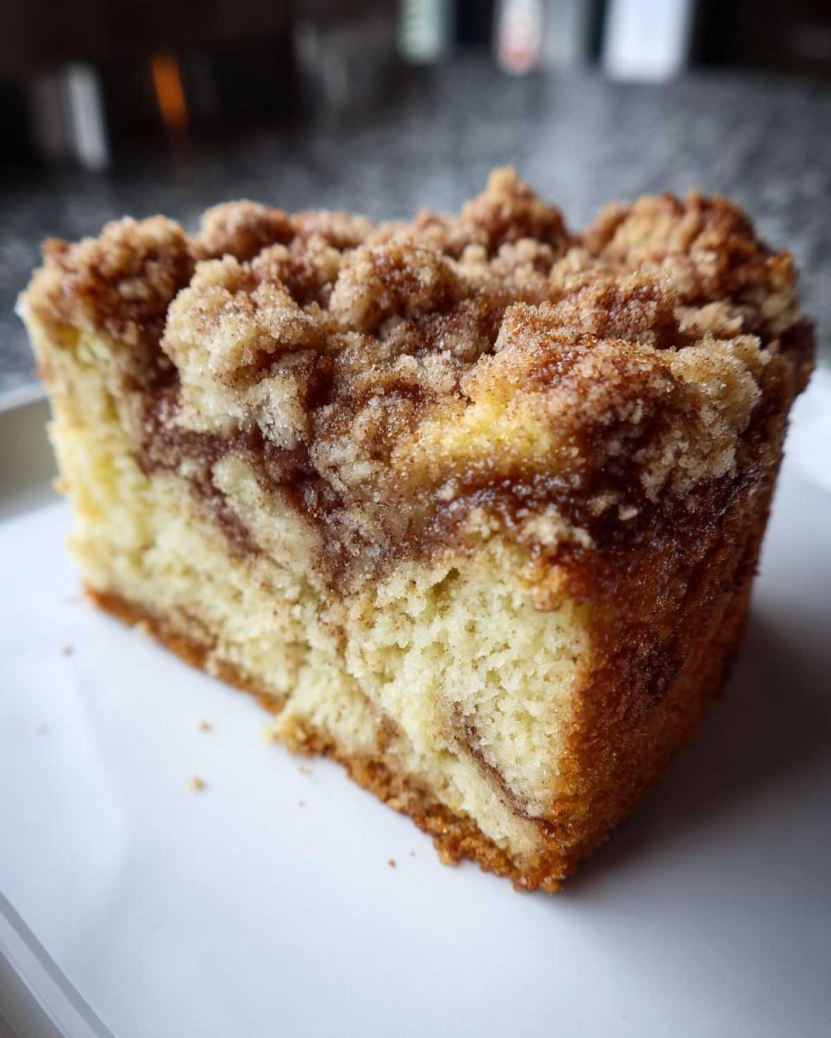 Close-up of a moist slice of coffee cake featuring a thick cinnamon swirl and generous streusel crumb topping.