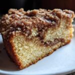 A close-up shot of a moist slice of coffee cake featuring a thick cinnamon swirl and crumb topping on a white plate.