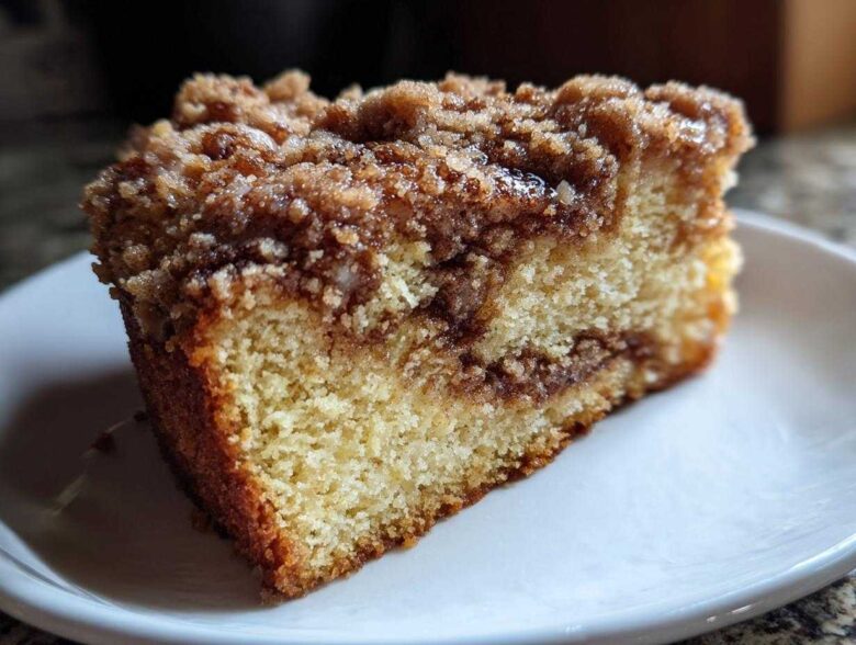 A close-up shot of a moist slice of coffee cake featuring a thick cinnamon swirl and crumb topping on a white plate.
