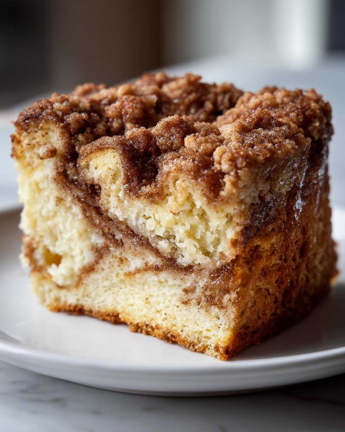 Close-up of a moist slice of amazing coffee cake featuring a cinnamon swirl and thick, crumbly streusel topping.