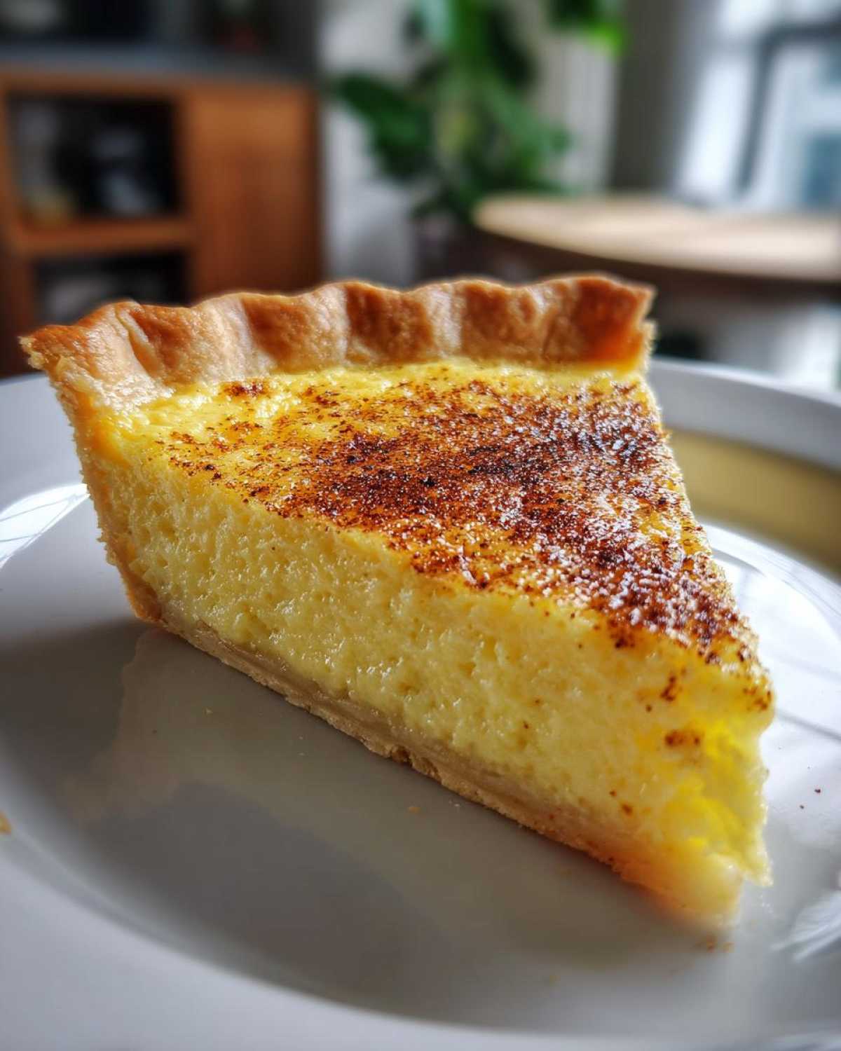 A close-up of a perfect slice of amazing 1 egg custard pie, topped with sprinkled cinnamon, on a white plate.
