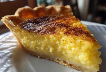 Close-up of a rich, yellow slice of egg custard pie with a browned, cinnamon-dusted top.