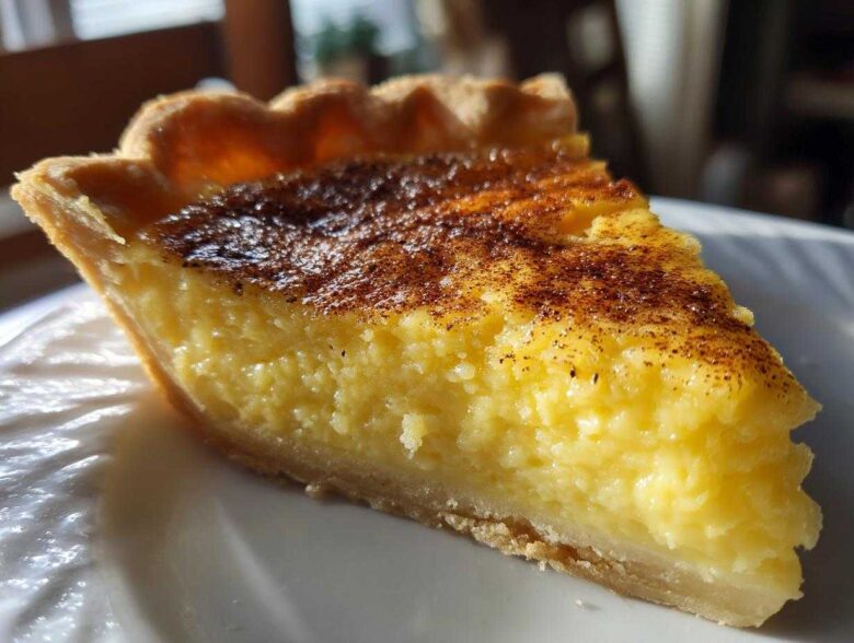Close-up of a rich, yellow slice of egg custard pie with a browned, cinnamon-dusted top.