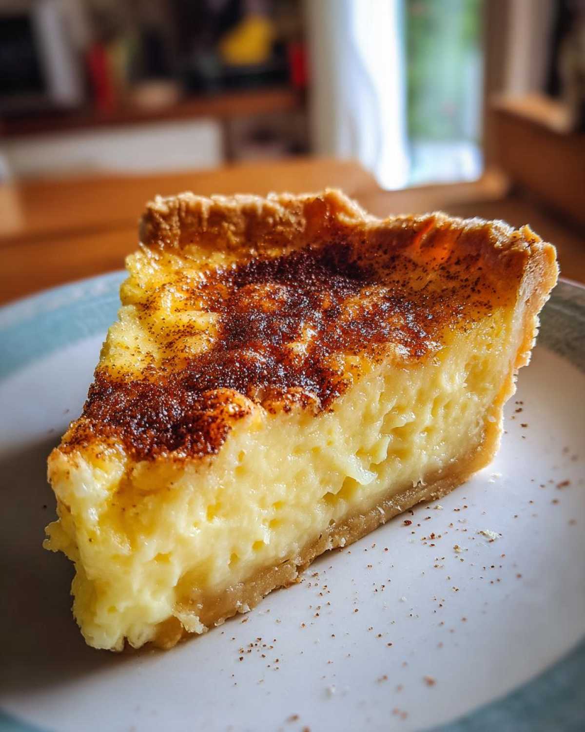 Close-up of a slice of creamy egg custard pie with a golden crust and cinnamon sprinkled on top.