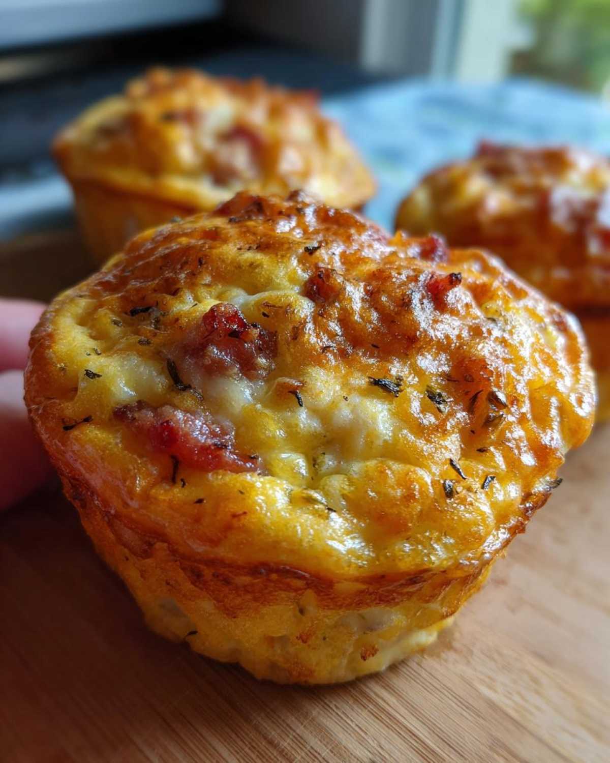 Close-up of a golden brown, baked egg muffin with visible bacon bits and herbs on top.