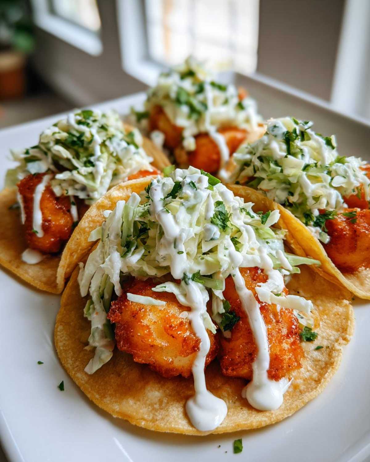 Close-up of three perfectly assembled fish tacos featuring crispy seasoned fish, fresh slaw, and a drizzle of white sauce.