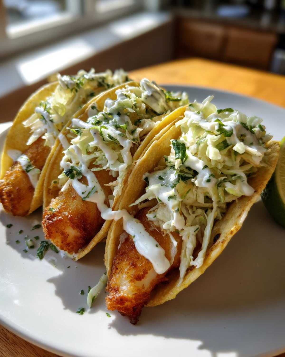 Three golden, crispy fish tacos topped with creamy coleslaw and drizzled white sauce, ready to eat.