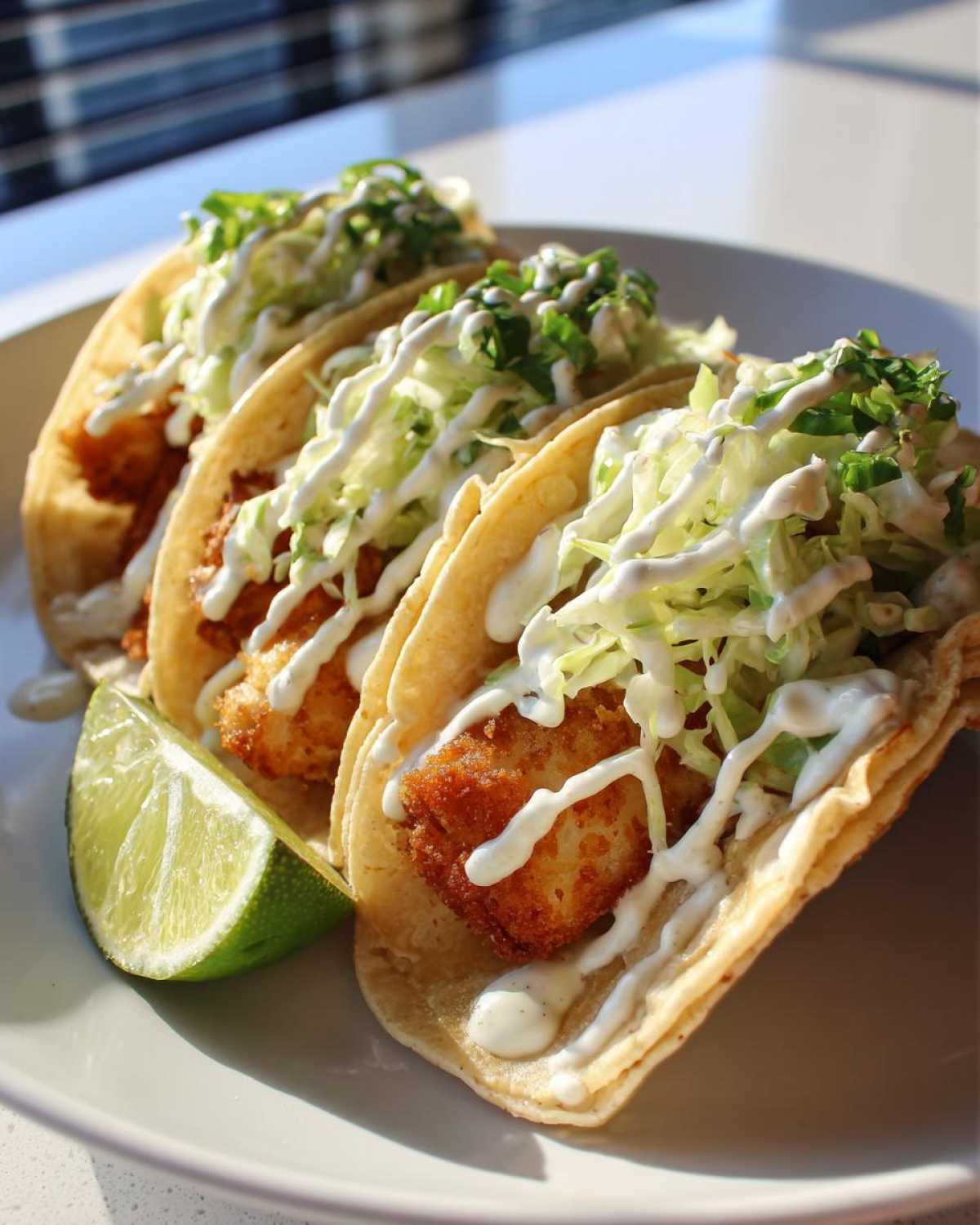 Three delicious fish tacos featuring crispy fried fish, shredded cabbage, and drizzled white sauce, served with a lime wedge.