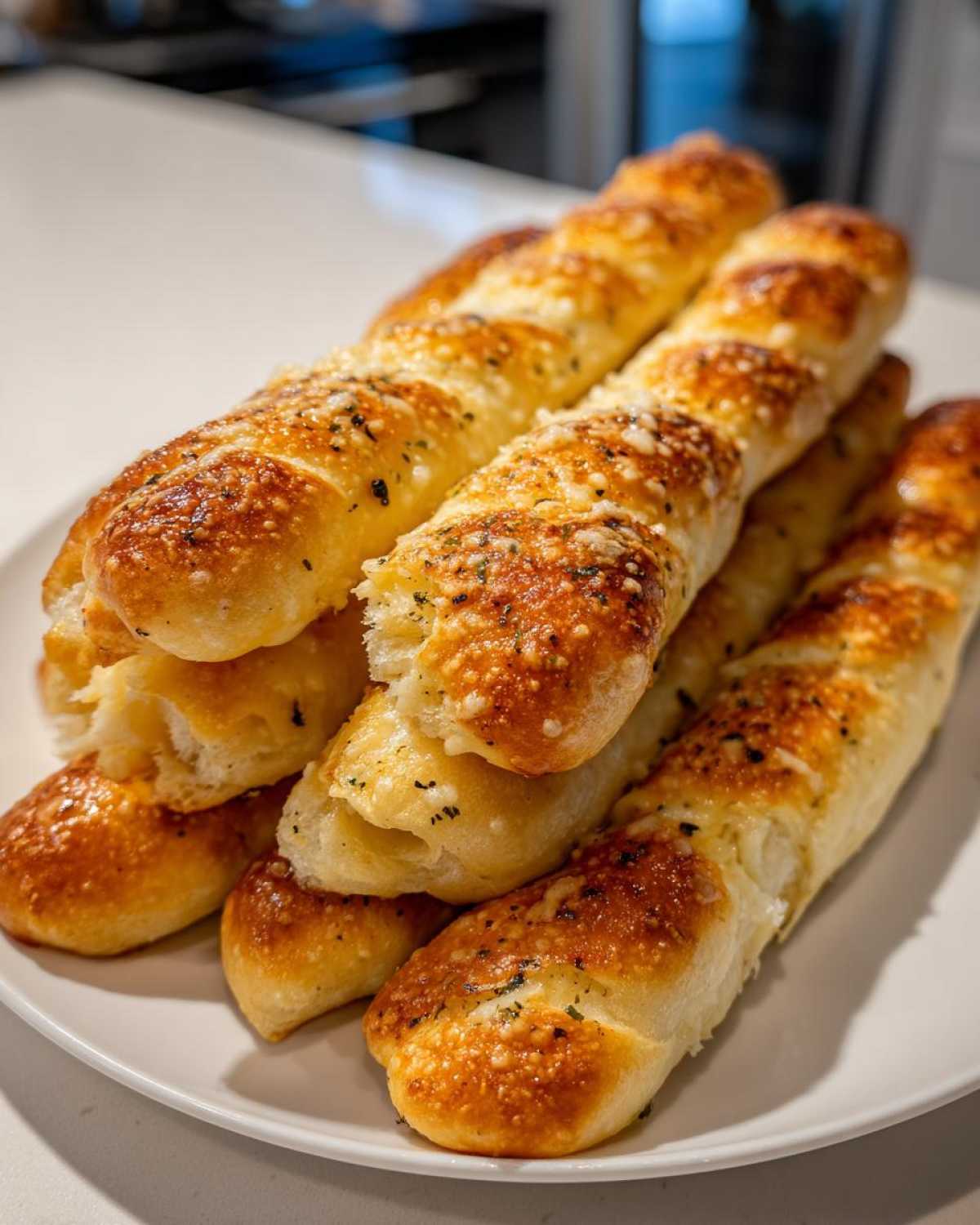 A stack of freshly baked, golden brown breadsticks topped with melted cheese and herbs, ready to eat.