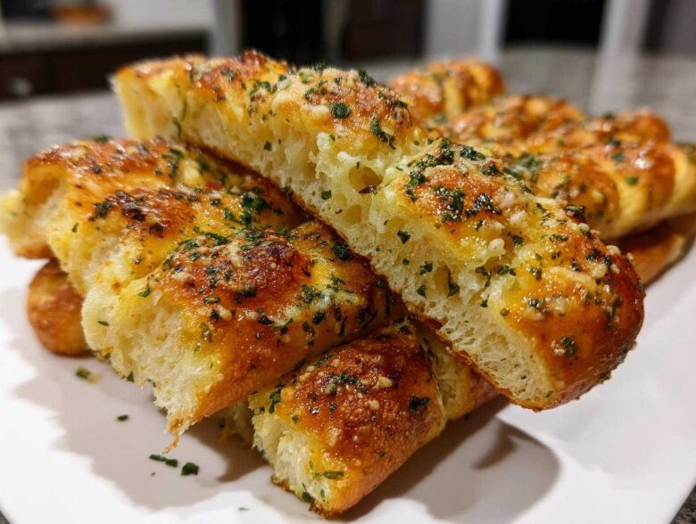 Close-up of fluffy, golden brown breadsticks cut open, topped with melted cheese, garlic butter, and fresh parsley.
