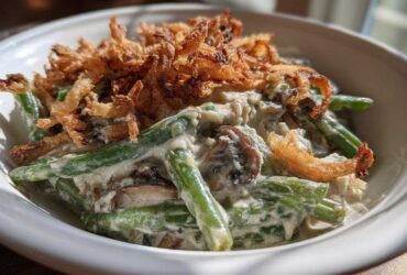 A close-up view of a creamy green bean casserole topped generously with crispy fried onions.