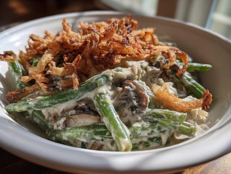 A close-up view of a creamy green bean casserole topped generously with crispy fried onions.
