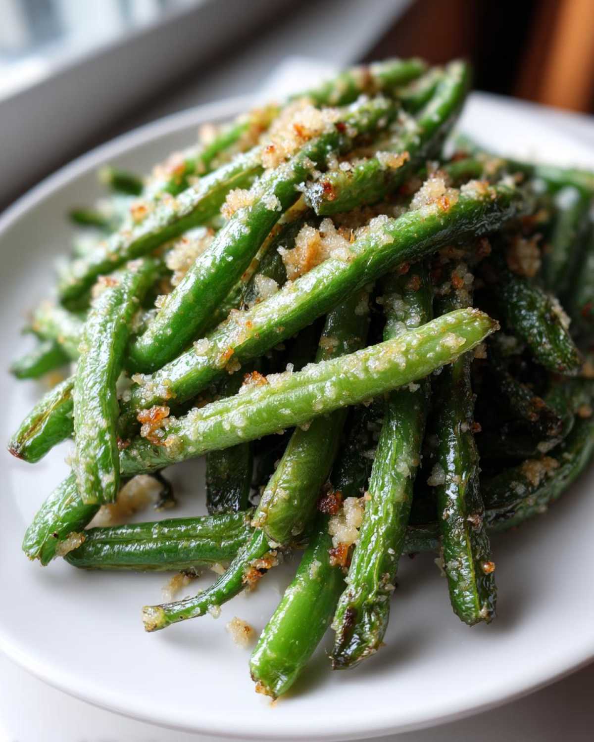A close-up of bright green beans topped with crispy breadcrumbs served on a white plate.